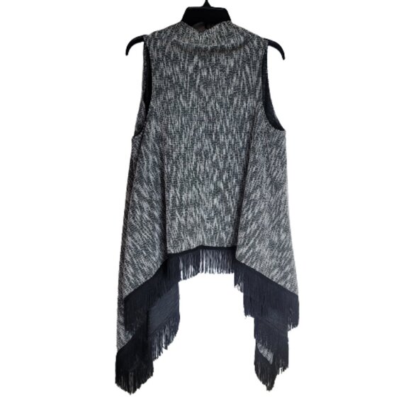 Jessica Simpson Black White Marl Fringe-Hem Vest Open Front Boho - Picture 5 of 10